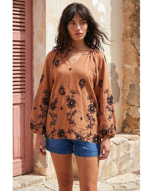 Roman Brown Floral Embroidered Top
