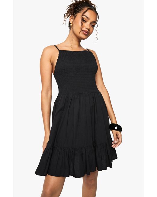 Boohoo Black Shirred Textured Tiered Smock Mini Dress
