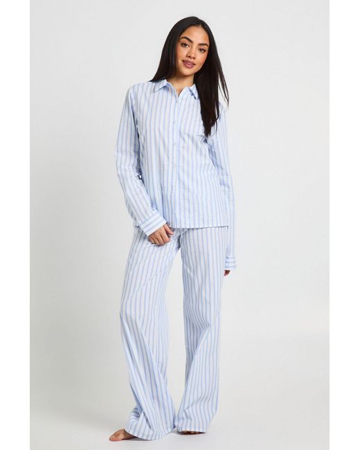 Boohoo Blue Cotton Poplin Pinstripe Long Sleeve Shirt & Trouser Pyjama Set