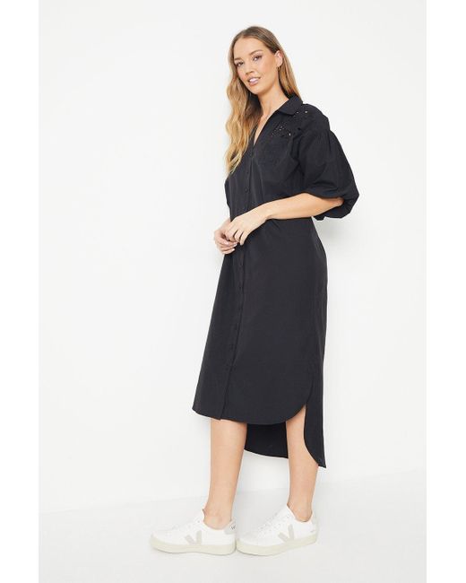 Oasis Blue Cotton Cutwork Detail Puff Sleeve Midi Shirt Dress