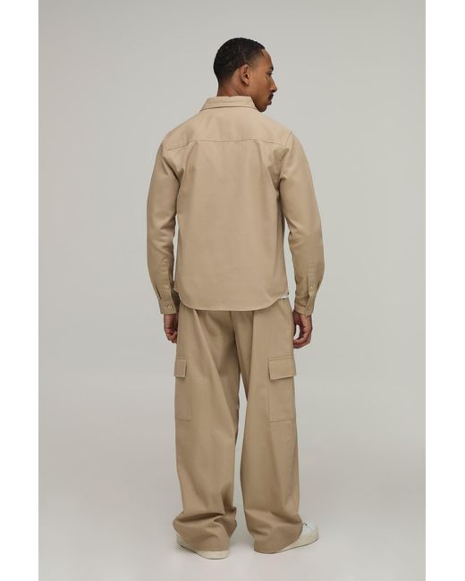 BoohooMAN Natural Regular Shirt & Straight Fit Cargo Trouser Set for men