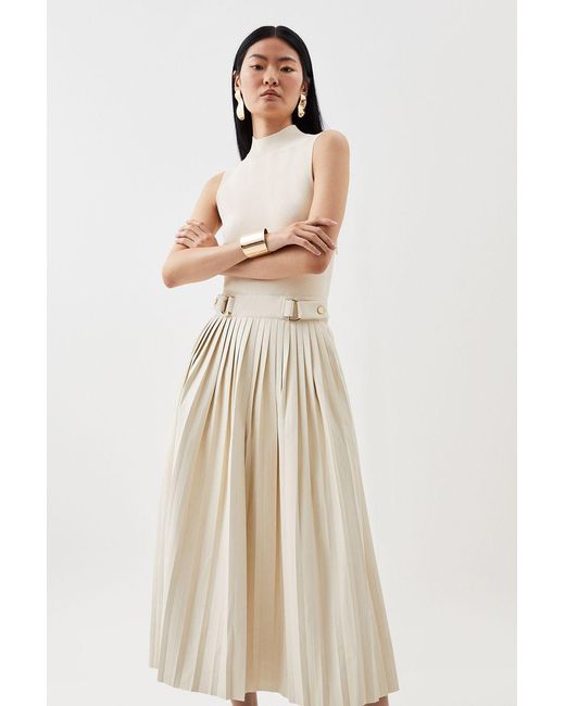 Karen Millen Natural Knitted Midi Dress With Pu Detailing