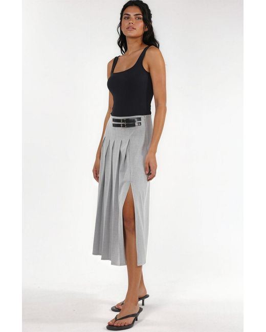 Hiccup Gray High Waist A-Line Midi Skirt With Belt Detail