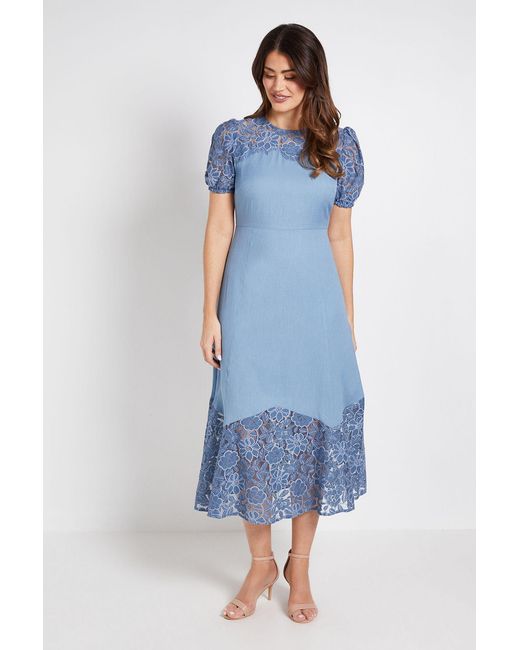 Wallis Blue Lace Puff Sleeve Midi Dress