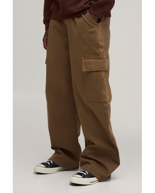 BoohooMAN Green Wide Fit Half & Waistband Cargo Pocket Washed Twill Trouser for men