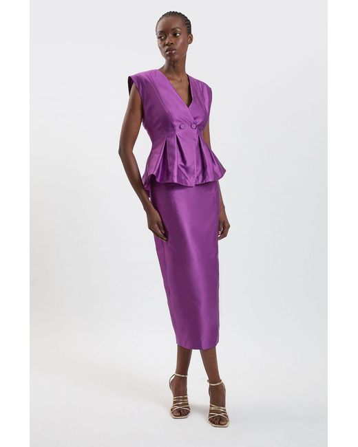 Karen Millen Purple Structured Satin Peplum Midi Dress