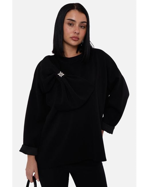 Gini London Black Side Contrast Bow Oversized Jumper Top
