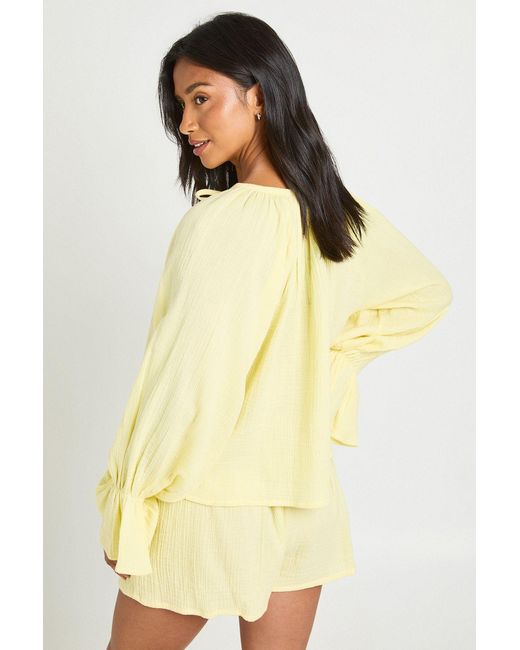 Boohoo Yellow Petite Cheesecloth Milkmaid Blouse And Short Co-Ord
