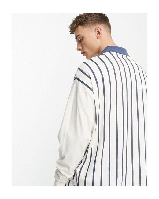 ASOS White Oversized Long Sleeve Polo Shirt With Stripe Print for men