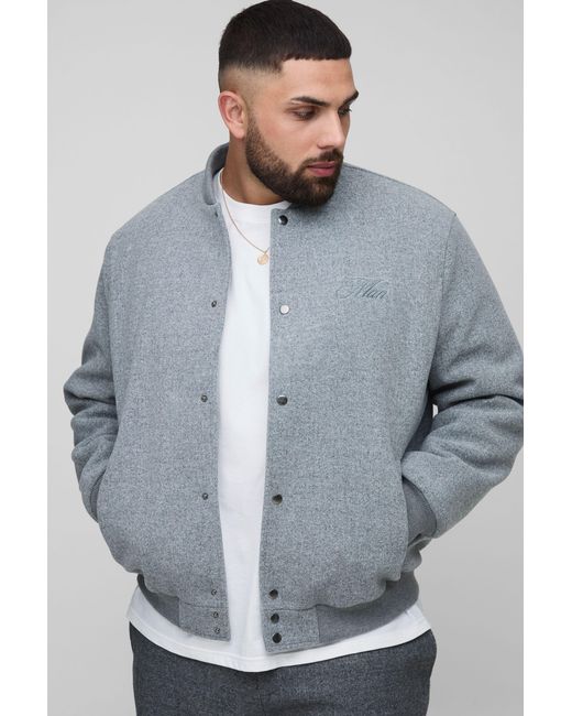 BoohooMAN Gray Plus Regular Fit Embroidered Melton Bomber Jacket for men