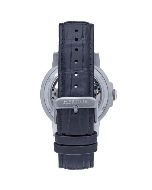 Heritor Metallic Davies Semi-Skeleton Leather-Band Watch for men