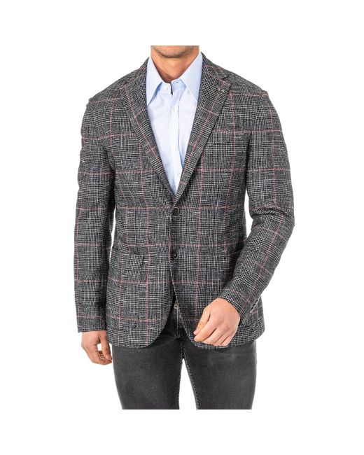 La Martina Gray Checkered Long-Sleeved Blazer With Lapel Collar Kmja06 for men