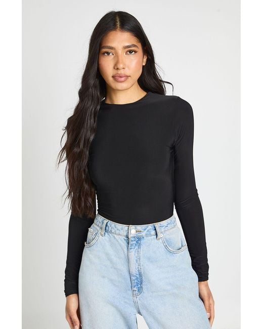 Boohoo Black Tall Double Layer Slinky Long Sleeve Crew Neck Bodysuit