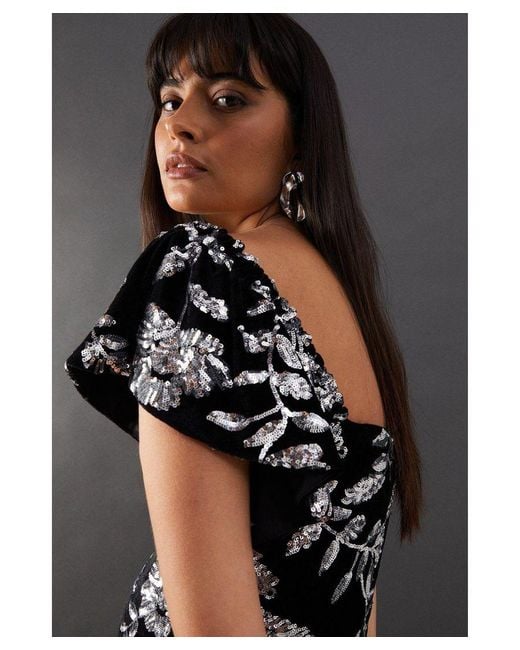 Warehouse Black Sequin Velvet Square Neck Frill Strap Midi Dress