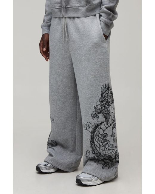BoohooMAN Gray Extreme Wide Leg Dragon Graphic Joggers for men