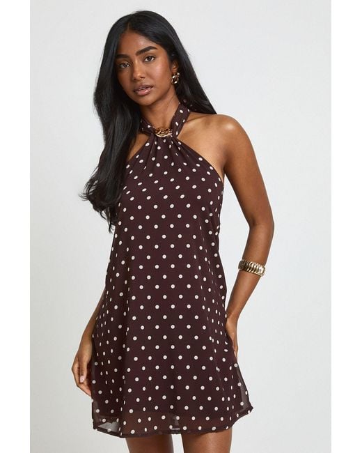 Boohoo Red Polka Dot Trim Detail Halterneck Shift Dress
