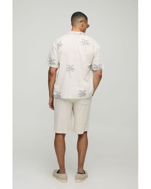 BoohooMAN Natural Oversized Linen Blend Palm Printed Short Sleeve Shirt