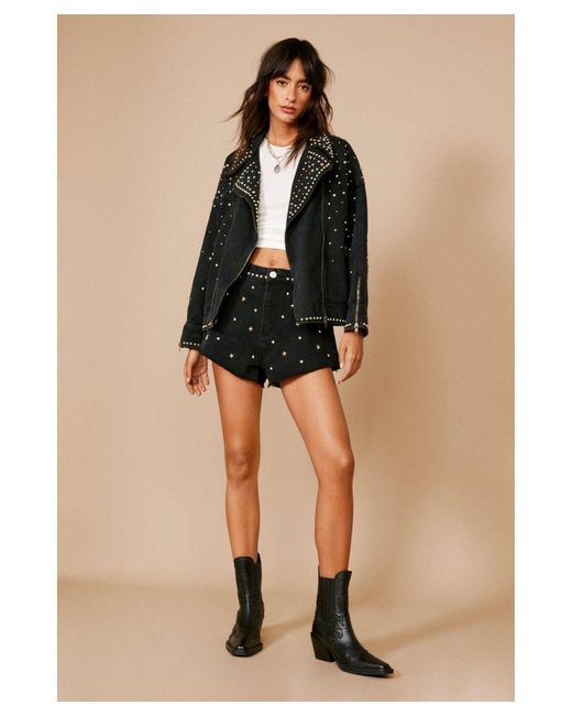 Nasty Gal Black Premium Embellished Studded Denim Biker Jacket