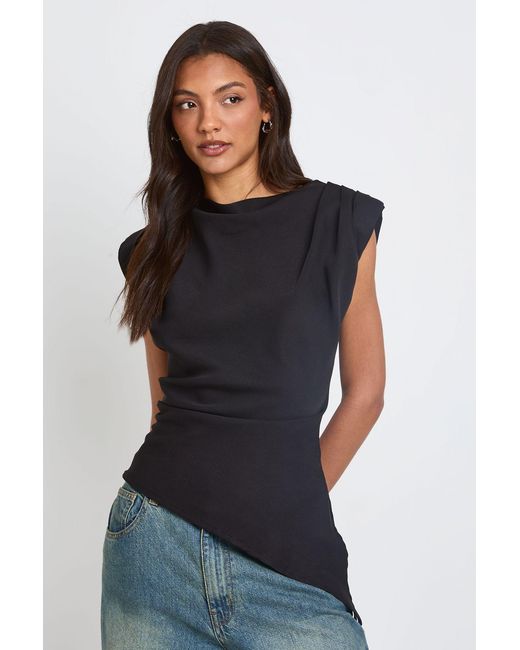 Boohoo Black Tall Gathered Shoulder Pad Asymmetric Blouse