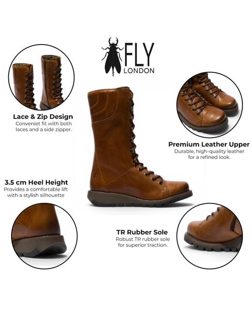 Fly London Brown Leather Lace-Up Combat Ankle Boots- Ster768