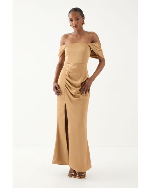 MissPap Natural Bardot Ruched Satin Bridesmaid Dress