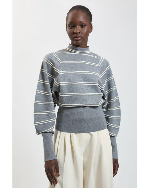 Karen Millen Blue Wool Look Rib Detail Long Sleeve Knitted Top