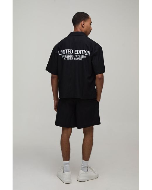 BoohooMAN Black Limited Edition Embroidered Oversized Shirt & Short Set for men
