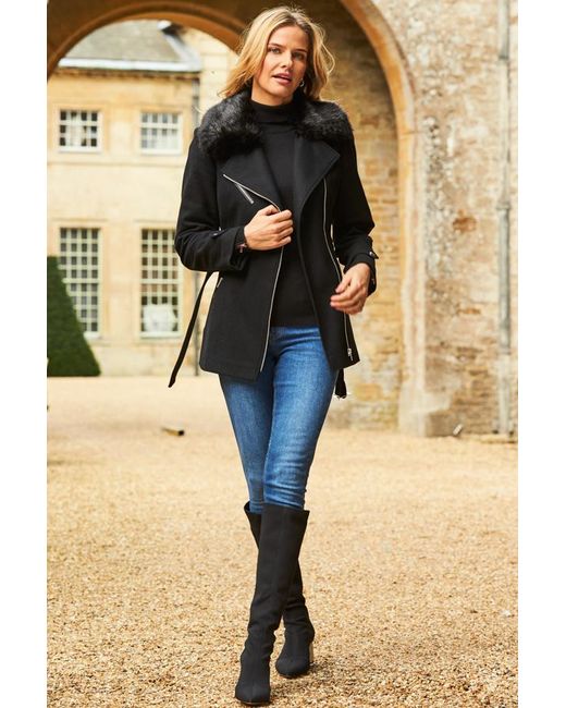 Sosandar Black Longline Biker Jacket With Faux Fur Collar
