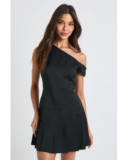 Boohoo Black Asymmetric Pleated Drop Hem Skater Dress
