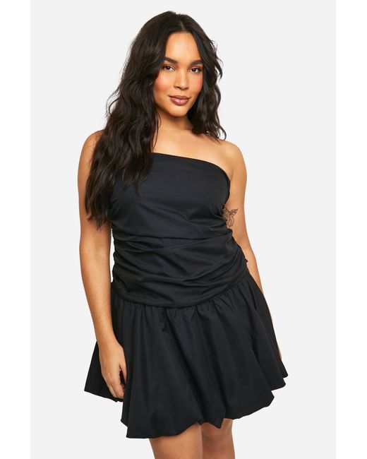 Boohoo Black Plus Ruched Bandeau Puff Ball Mini Dress