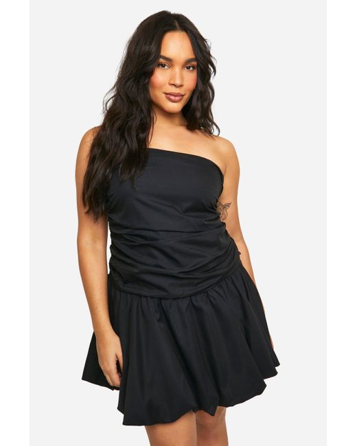Boohoo Black Plus Ruched Bandeau Puff Ball Mini Dress