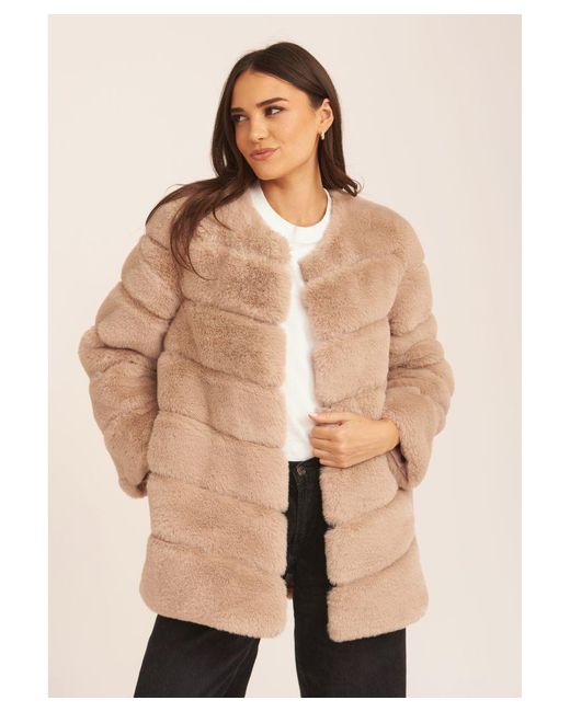 Gini London Natural Diagonal Cut Faux Fur Long Sleeve Jacket