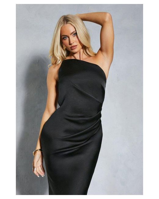 MissPap Gray Satin Asymmetric Strap Pleated Waist Low Back Maxi Dress