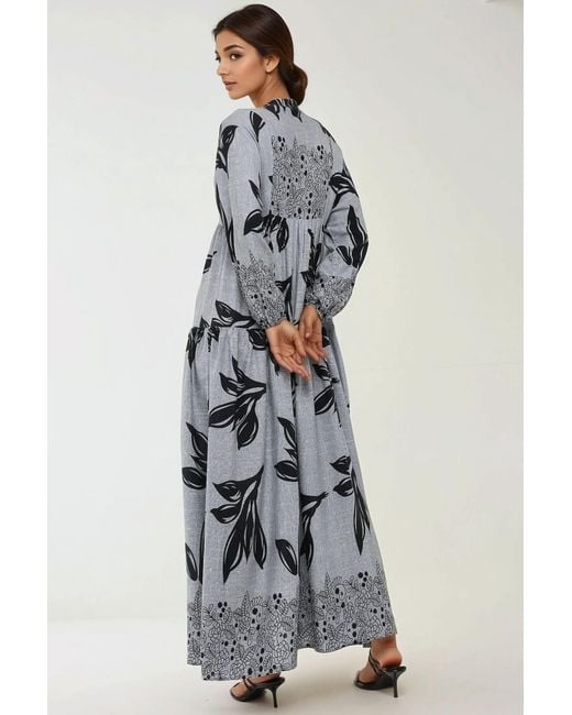 Hiccup Gray Printed Long Sleeve Viscose Maxi Dress