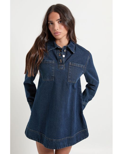 Boohoo Blue Petite Long Sleeve Denim Dress