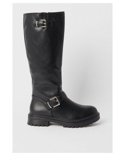 Warehouse Black Faux Leather Double Buckle Knee High Boots