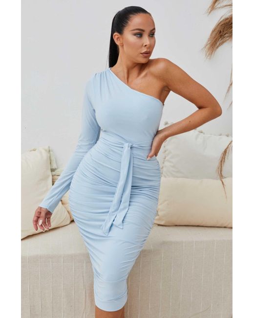 Femme Luxe Blue One Shoulder Ruched Slinky Midi Dress