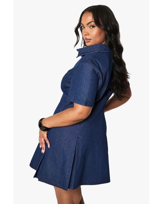Boohoo Blue Plus Denim Button Pleated Shift Dress