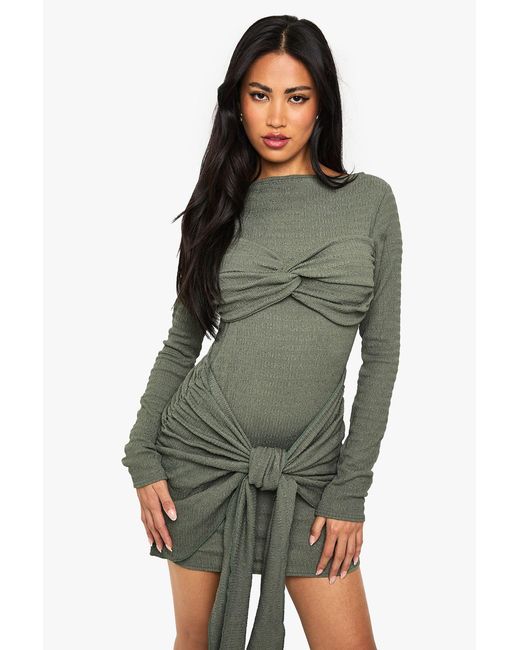 Boohoo Green Textured Wrap Knot Detail Mini Dress