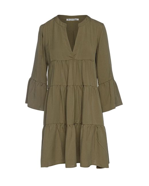 Conquista Green Khaki Tencel Gathered Seams Dress