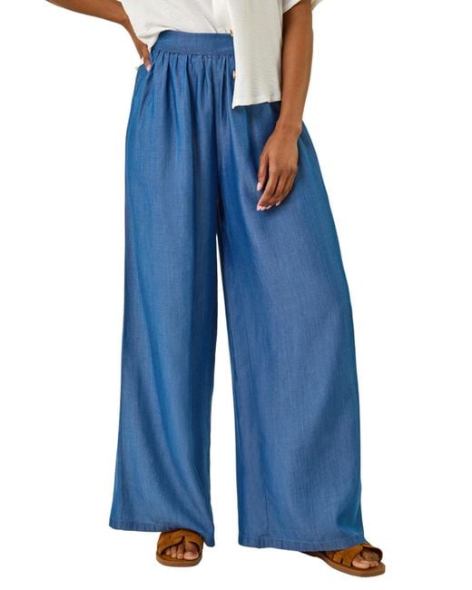 Roman Blue Pleated Full Length Wide Leg Trouser