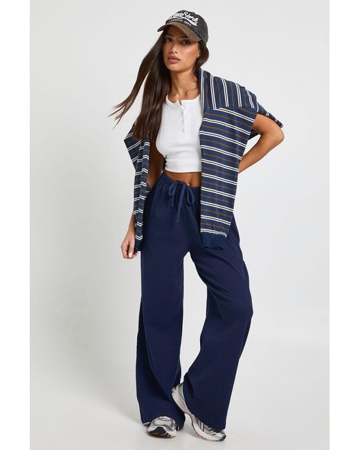 Boohoo Blue Petite Rib Wide Leg Trouser