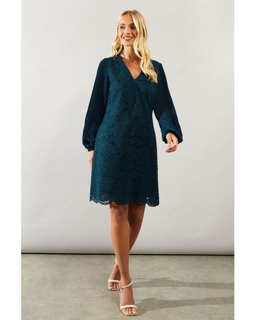 Wallis Blue Petite Occasion Lace Pleat Sleeve Shift Dress