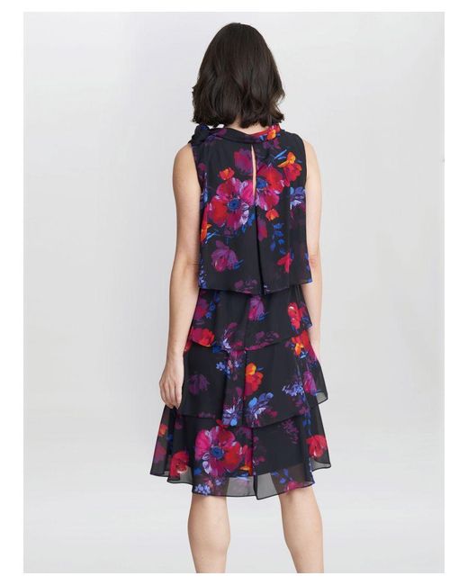 Gina Bacconi Blue Neesha Sleeveless Printed Tiered Dress With Tie Neck
