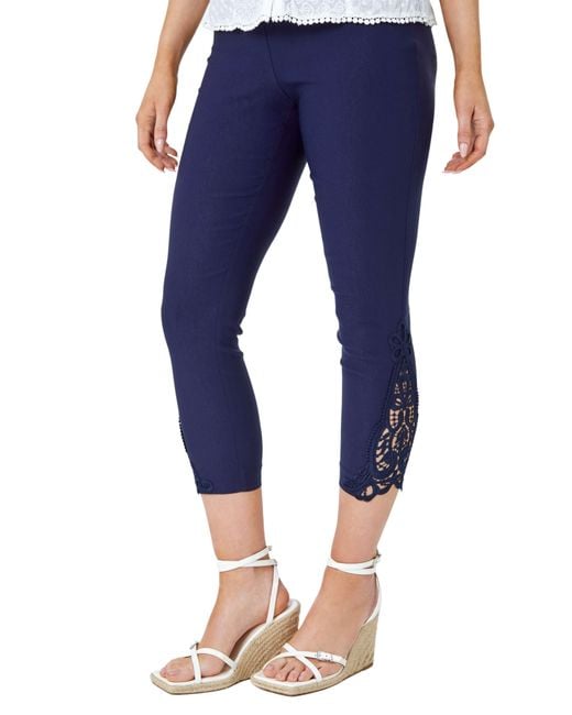 Roman Blue Lace Insert Elastic Waist Crop Trousers