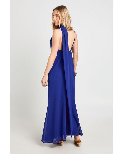Boohoo Blue Petite Chiffon Drape Neck Scarf Detail Maxi Dress
