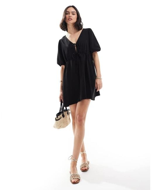 ASOS Black Puff Sleeve With Tie Up Bodice Mini Dress