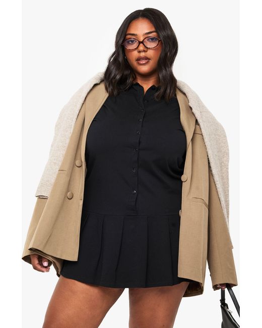 Boohoo Black Plus Pleated Hem Skater Shirt Dress