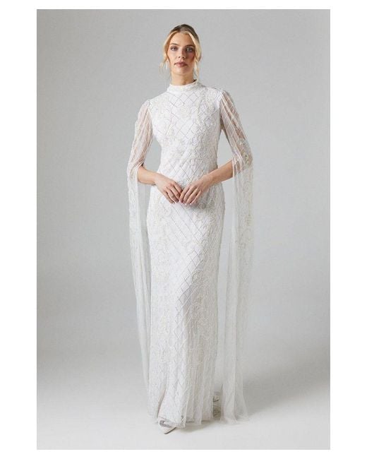 Coast Gray Paisley Embellished Cape Sleeve Wedding Dress