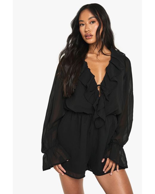 Boohoo Black Chiffon Long Sleeve Ruffle Romper